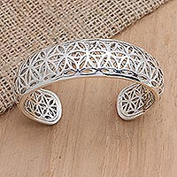 Sterling silver cuff bracelet, 'Sparkling Lotus' - Openwork Sterling Silver Cuff Bracelet from Bali
