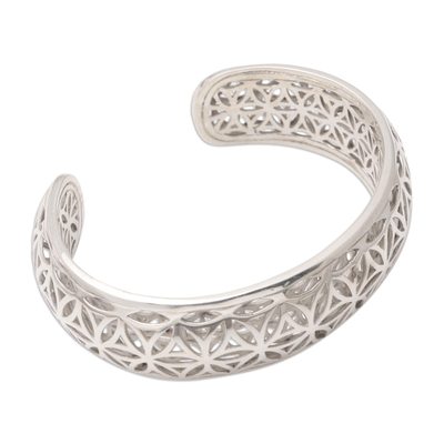 Sterling silver cuff bracelet, 'Sparkling Lotus' - Openwork Sterling Silver Cuff Bracelet from Bali