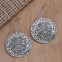 Sterling silver dangle earrings, 'Belong Together' - Round Sterling Silver Dangle Earrings from Bali