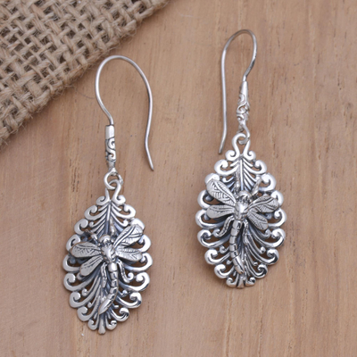 Sterling silver dangle earrings, 'Hidden Creature' - Sterling Silver Dragonfly Dangle Earrings