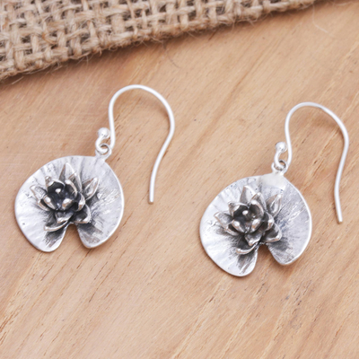 Pendientes colgantes de plata de ley - Aretes colgantes de plata esterlina con tema de flor de loto