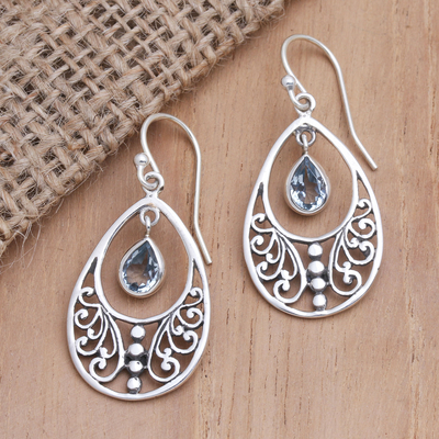 Blue topaz dangle earrings, 'Reach Out' - Handmade Blue Topaz and Sterling Silver Dangle Earrings