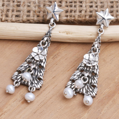 Cultured pearl dangle earrings, 'Snowy Christmas Tree' - Cultured Pearl Christmas Tree Dangle Earrings