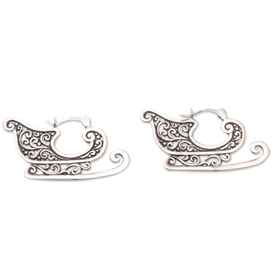 Sterling silver hoop earrings, 'Santa's Sleigh' - Sterling Silver Sleigh-Motif Hoop Earrings