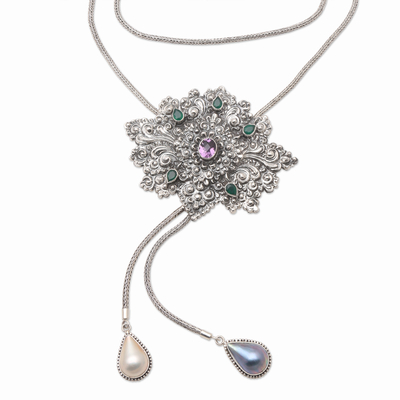 Multi-gemstone pendant necklace, 'Biggest Dream in Green' - Green Quartz and Cultured Pearl Pendant Necklace