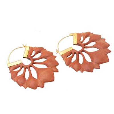 Gold-accented wood hoop earrings, 'Autumnal Woman ' - Gold-Accented Sawo Wood Hoop Earrings