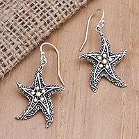 Gold-accented sterling silver dangle earrings, 'Star of My Heart' - Gold-Accented Starfish Dangle Earrings
