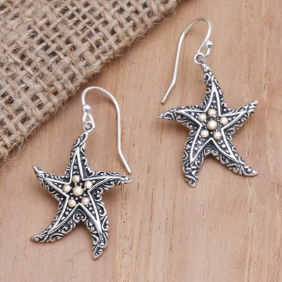 Gold-accented sterling silver dangle earrings, 'Star of My Heart' - Gold-Accented Starfish Dangle Earrings