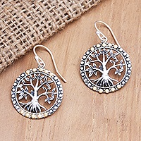 Gold-accented sterling silver dangle earrings, 'Venerable Banyan Tree' - Gold-Accented Tree-Motif Dangle Earrings