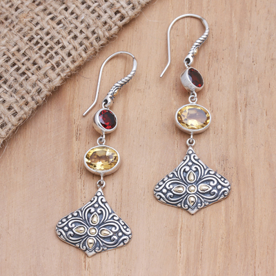 Gold-accented citrine and garnet dangle earrings, 'Brahman Lotus' - Gold-Accented Citrine and Garnet Dangle Earrings