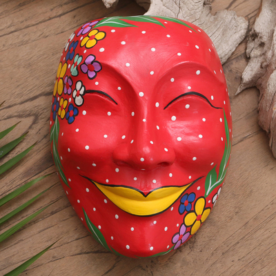 Máscara de madera, 'Red Florals' - Máscara de pared de madera de Albesia roja de Bali