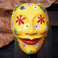 Wood mask, 'Floral Yellow' - Yellow Albesia Wood Wall Mask from Bali