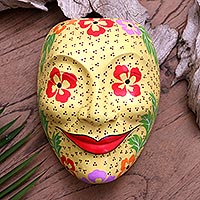 Wood mask, 'Floral Eyes' - Hand Carved Floral-Themed Wall Mask