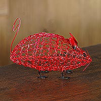 Iron statuette, 'Curious Mouse' - Red Wrought Iron Mouse Statuette