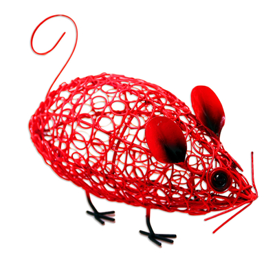 Eisenstatuette, 'Neugierige Maus' - Rote schmiedeeiserne Maus-Statuette