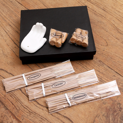 Ceramic incense set, 'White Palm' - Lavender and Frangipani Ceramic Incense Set
