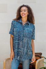 Cotton batik shirt, 'Ocean Wave' - Collared Cotton Batik Shirt from Bali