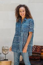 Cotton batik shirt, 'Ocean Wave' - Collared Cotton Batik Shirt from Bali