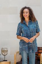 Cotton batik shirt, 'Ocean Wave' - Collared Cotton Batik Shirt from Bali