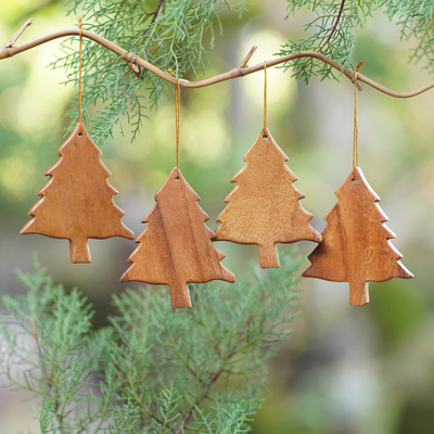 Hand Carved Tree-Shaped Wood Ornaments (Set of 4) - Simple
