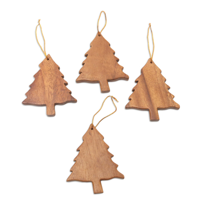 Wood ornaments, 'Simple Evergreens' (set of 4) - Hand Carved Tree-Shaped Wood Ornaments (Set of 4)