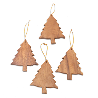 Hand Carved Tree-Shaped Wood Ornaments (Set of 4) - Simple