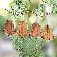 Wood ornaments, 'Simple Bells' (set of 4)