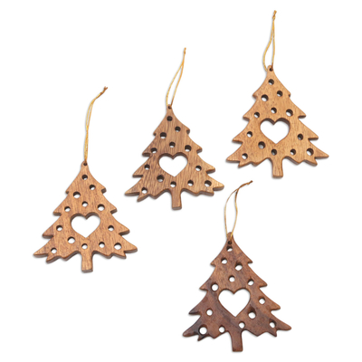 Wood ornaments, 'Tree of Love' (set of 4) - Suar Wood Christmas Ornaments With Hearts Bali (Set of 4)