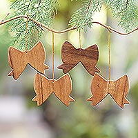 Wood ornaments, 'Simple Bows' (set of 4) - Handmade Wood Christmas Ornaments from Bali (Set of 4)