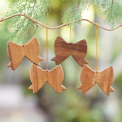 Set of 4 Christmas Tree Wood Ornaments: Reindeer, Christmas Tree