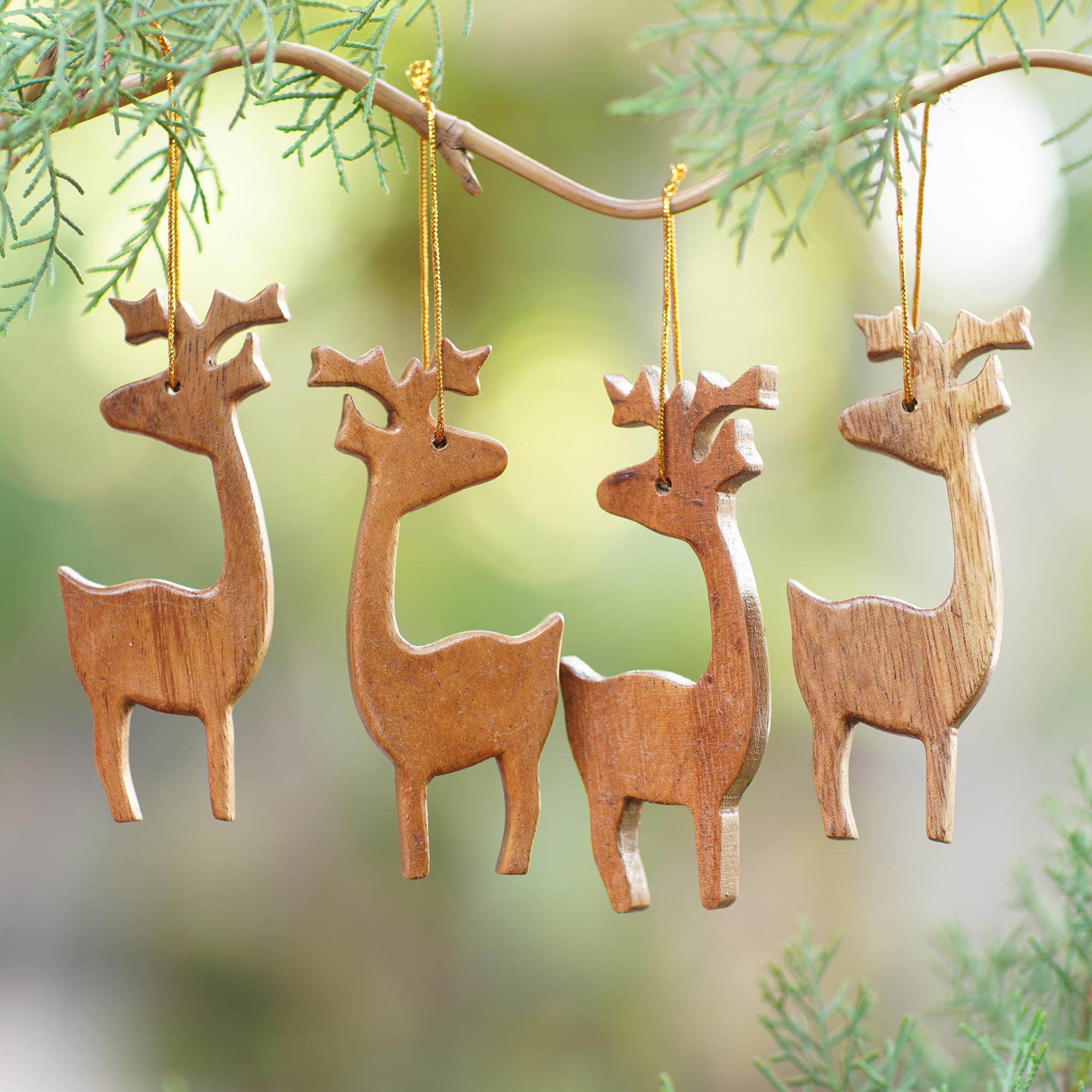 Set of 4 Wooden Christmas Tree Decorations Reindeer with Bells 