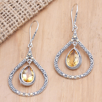 Gold-accented citrine dangle earrings, 'Clear Eyes in Sunrise' - Gold-Accented Citrine Dangle Earrings