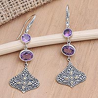 Gold-accented amethyst dangle earrings, 'Lotus Kiss in Purple' - Gold-Accented Amethyst Dangle Earrings