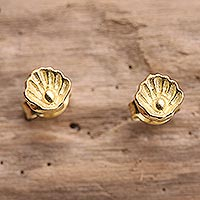 Gold-plated stud earrings, 'Golden Oyster' - Gold-Plated Oyster-Motif Stud Earrings