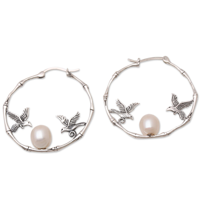 Cultured pearl hoop earrings, 'From Above in Peach' - Balinese Dove-Themed Cultured Pearl Hoop Earrings