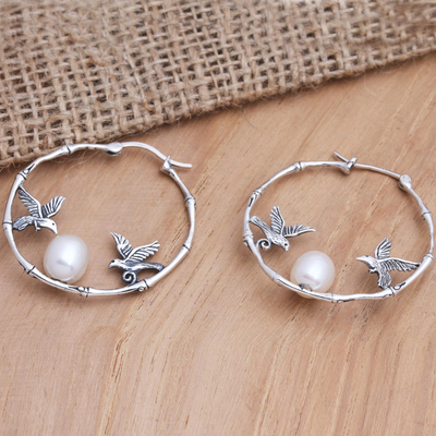 Cultured pearl hoop earrings, 'From Above in Peach' - Balinese Dove-Themed Cultured Pearl Hoop Earrings