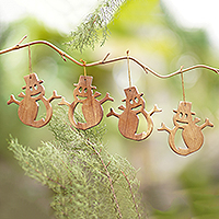 Wood ornaments, 'Snowman Joy' (set of 4)