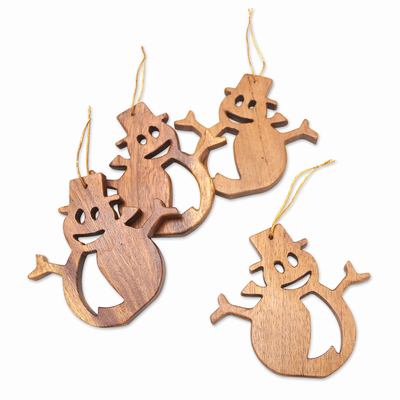 Wood ornaments, 'Snowman Joy' (set of 4) - Artisan Crafted Snowman Ornaments (Set of 4)