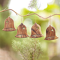Wood ornaments, Merry Bells (set of 4)
