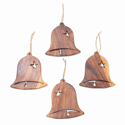 Wood ornaments, 'Merry Bells' (set of 4) - Handmade Wooden Bell Ornaments (Set of 4)