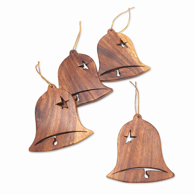 Wood ornaments, 'Merry Bells' (set of 4) - Handmade Wooden Bell Ornaments (Set of 4)