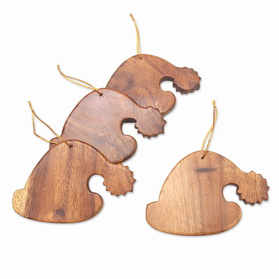 Wood ornaments, 'Santa Hats' (set of 4) - Handcrafted Wood Ornaments from Bali (Set of 4)