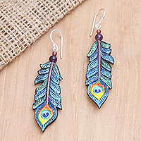 Garnet and amethyst dangle earrings, 'Krishna Feathers'