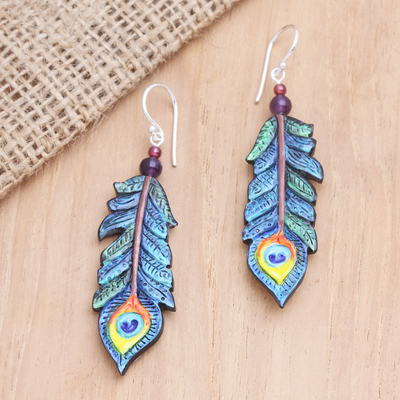 Garnet and amethyst dangle earrings, 'Krishna Feathers' - Hand-Painted Garnet and Amethyst Dangle Earrings