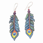 Garnet and amethyst dangle earrings, 'Krishna Feathers' - Hand-Painted Garnet and Amethyst Dangle Earrings