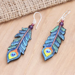 Garnet and amethyst dangle earrings, 'Krishna Feathers' - Hand-Painted Garnet and Amethyst Dangle Earrings