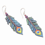 Garnet and amethyst dangle earrings, 'Krishna Feathers' - Hand-Painted Garnet and Amethyst Dangle Earrings