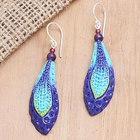 Garnet and amethyst dangle earrings, 'Deep Ocean Blue' - Hand Crafted Garnet and Amethyst Dangle Earrings
