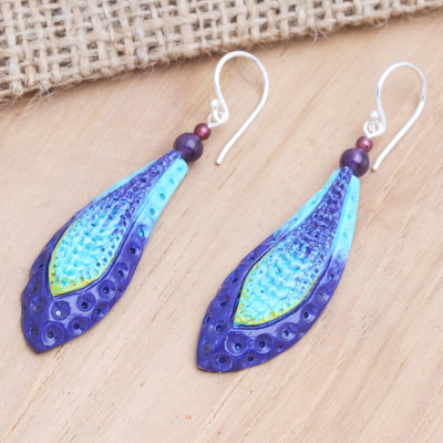 Garnet and amethyst dangle earrings, 'Deep Ocean Blue' - Hand Crafted Garnet and Amethyst Dangle Earrings