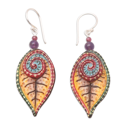 Amethyst and garnet dangle earrings, 'Marine Park' - Hand-Painted Amethyst and Garnet Dangle Earrings